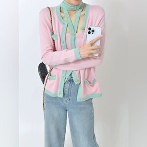 Pink and Green Women's Cardigan Pink